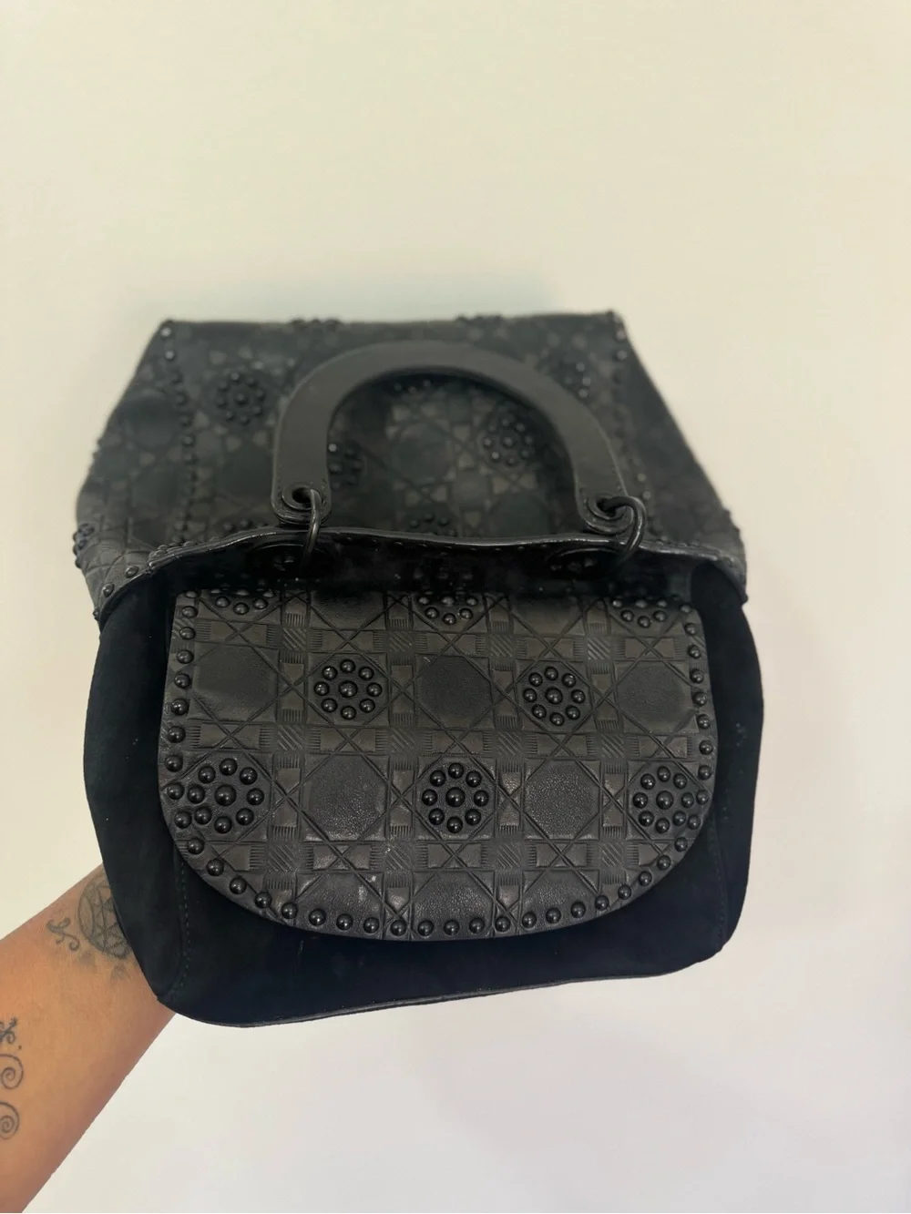Authentic Dior Lady Dior Medium Matte Black Studded 2 way Bag 2018